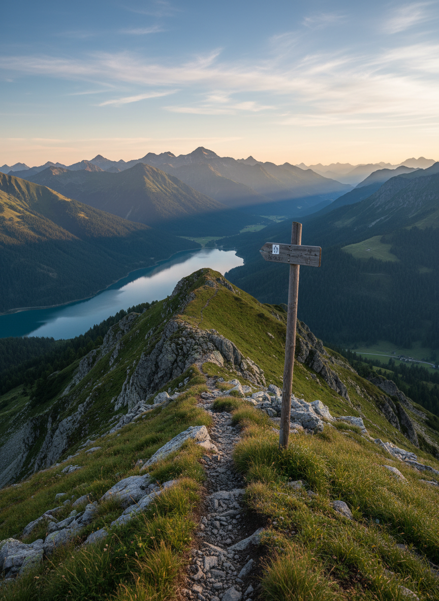 Eine weitläufige Berglandschaft in den Alpen, fotografisch realistisch aufgenommen vom Gipfel eines schmalen Wanderpfads. Im Vordergrund ein schmaler, gut markierter Wanderweg mit kantigen Felsen, Gräsern in sattem Grün und einem stabilen hölzernen Wegweiser ohne Text. Im Mittelgrund fallen die Hänge steil ins Tal ab, durchzogen von dunklen Tannenwäldern und einem schimmernden See. Weiches Morgenlicht legt einen goldenen Schimmer auf die Bergkuppen, lange Schatten betonen die Strukturen der Felsen. Die Stimmung ist ruhig, professionell und einladend, ideal für einen Reiseblog. Aufgenommen im Querformat auf Augenhöhe, mit großer Tiefenschärfe und klarer, moderner Bildästhetik.