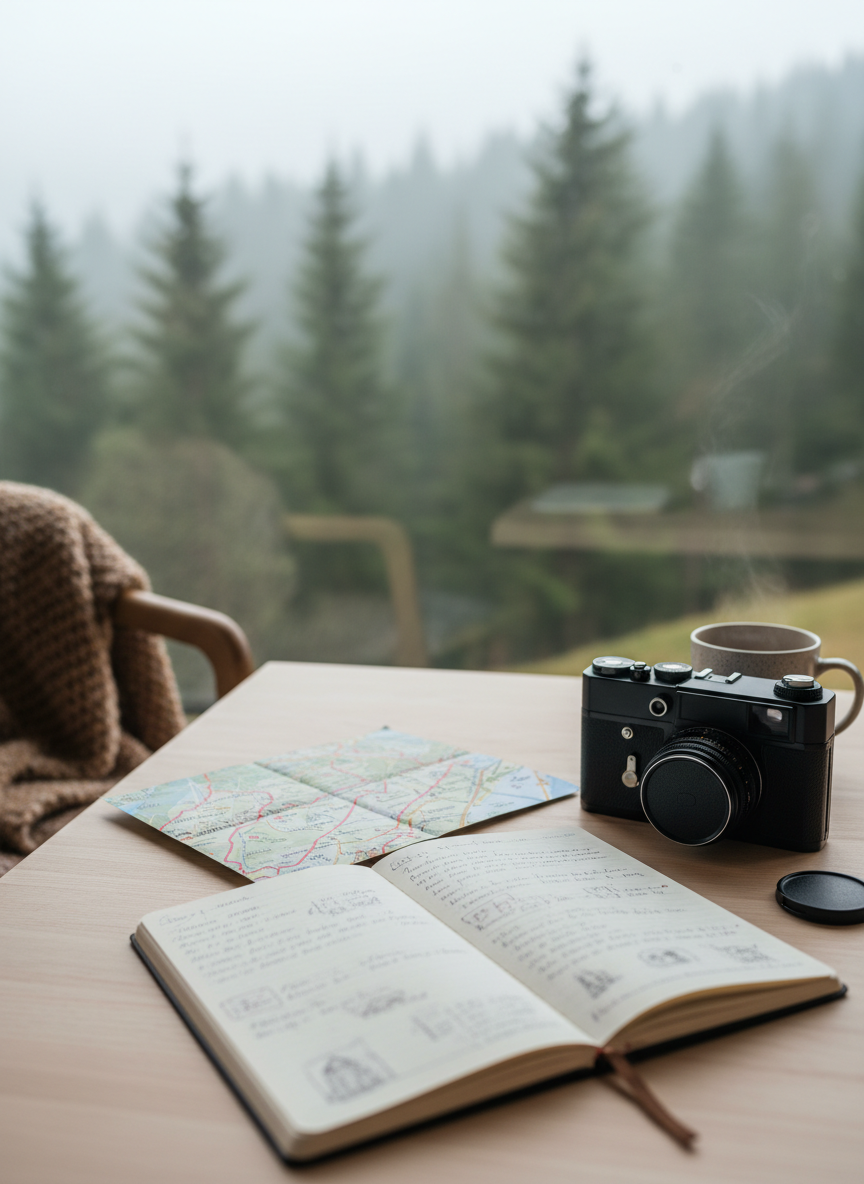 Ein detailliertes Reisetagebuch-Setup auf einem hellen Holztisch in einer gemütlichen Berghütte, fotografisch realistisch. Im Vordergrund ein aufgeschlagenes, cremefarbenes Notizbuch mit feiner Struktur des Papiers, daneben eine analoge Kamera aus mattschwarzem Metall und Leder, sowie eine kleine, farbige Landkarte mit eingezeichneten Routen ohne lesbaren Text. Durch ein großes Fenster im Hintergrund sieht man leicht unscharf einen nebelverhangenen Waldhang. Sanftes, diffuses Nachmittagslicht fällt von der Seite herein und schafft eine ruhige, nachdenkliche Atmosphäre. Die Komposition folgt der Regel der Drittel, mit leicht erhöhter Kameraperspektive und dezenter Tiefenunschärfe im Hintergrund, passend zu einem professionellen Reiseblog.
