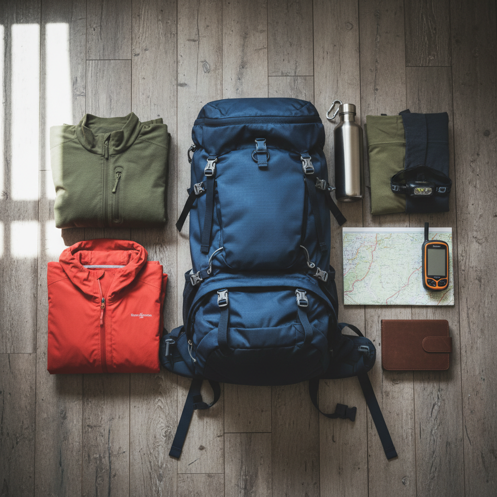 Ein hochdetaillierter Blick in einen Rucksack-Inhalt vor Beginn einer Wandertour, fotografisch realistisch auf einem rustikalen Holzboden arrangiert. Im Zentrum ein hochwertiger, dunkelblauer Wanderrucksack aus wasserabweisendem Stoff mit sichtbaren Nähten und Gurten. Sorgfältig darum platziert: gefaltete Funktionskleidung in gedeckten Farben, eine leichte Regenjacke, eine gefüllte Trinkflasche, eine Stirnlampe, ein kleines Notizbuch, eine Landkarte ohne Text, sowie ein GPS-Gerät. Das Setting wirkt ordentlich und vorbereitet, ohne Menschen. Von der Seite fällt weiches, natürliches Fensterlicht und betont die unterschiedlichen Materialien, wirft dezente Schatten und erzeugt eine sachliche, professionelle Stimmung. Die Kamera befindet sich leicht erhöht, alles ist scharf und klar, ideal für einen informativen Reiseblog-Beitrag.